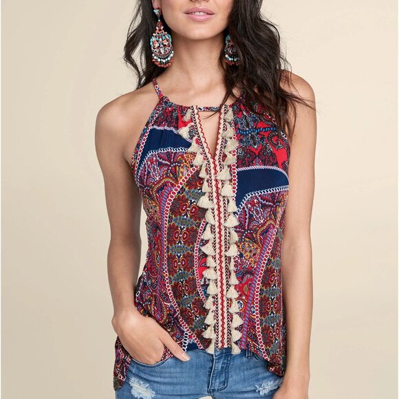 VENUS Boho Paisley Sleeveless Tassel Top Red Blue Bandana Print Tank Plus 1X NEW - Picture 4 of 7